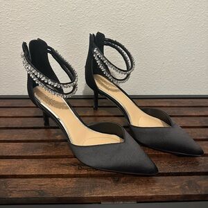 Jewel Badgley Mischka Black Heels with Rhinestone Straps